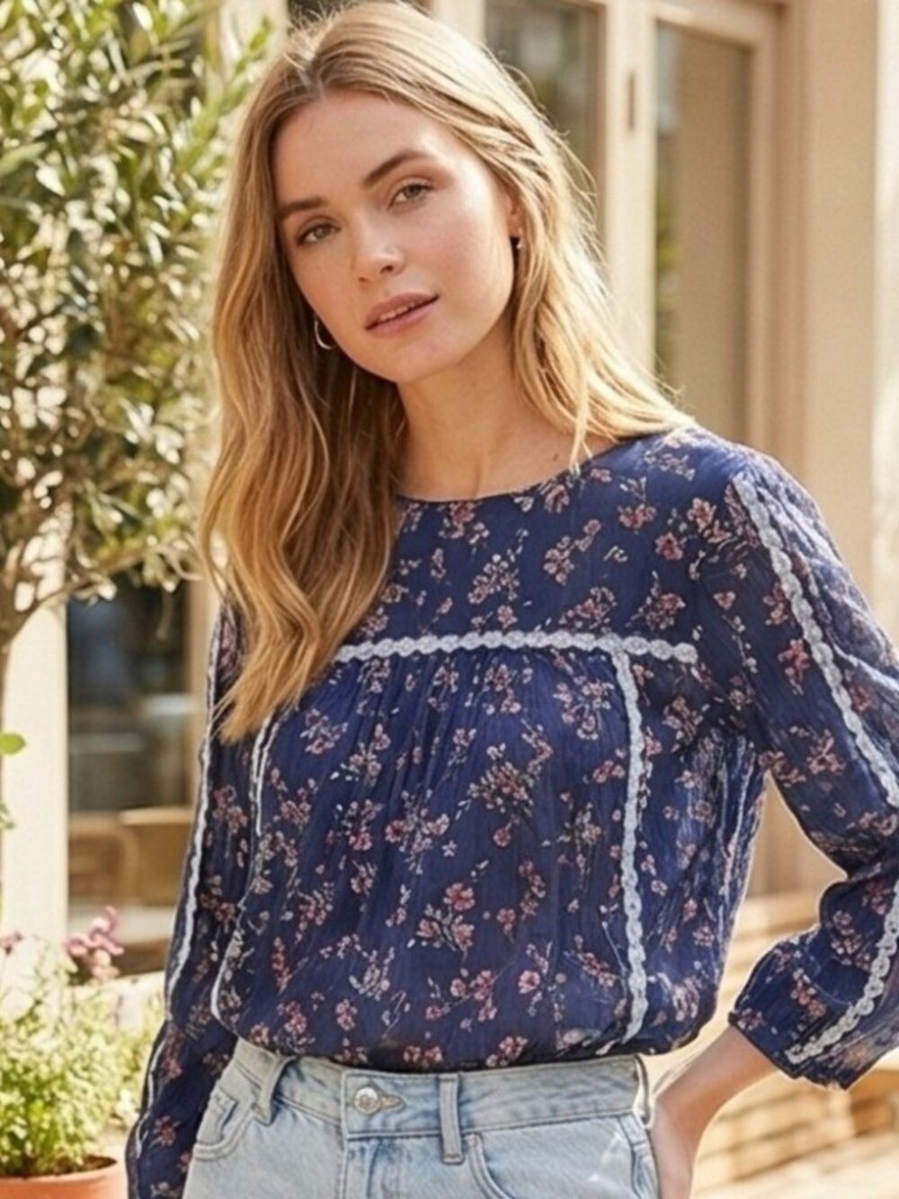 J. Jill Navy Blue Floral Boho Peasant Lace Blouse